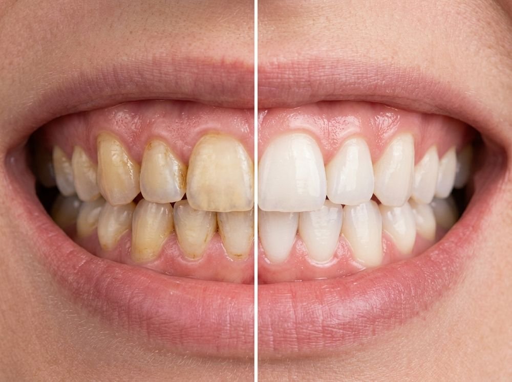 Teeth before and after a professional cleaning and polishing