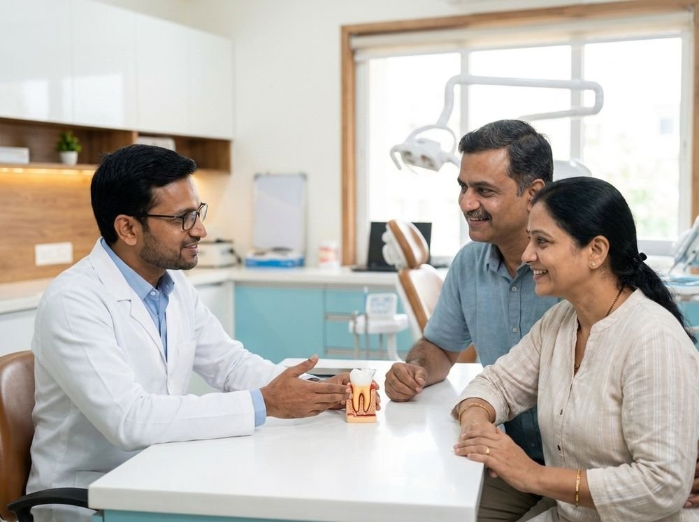 A dentist explaining a check-up to patients at VEERTA DENTA CLINIC