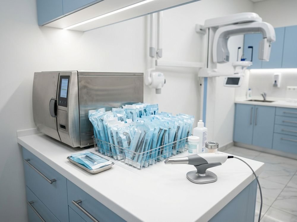 Steriliser and sealed instrument pouches used for every patient
