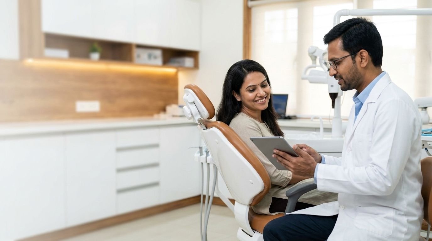 Dentist at VEERTA DENTA CLINIC discussing a treatment plan with a patient