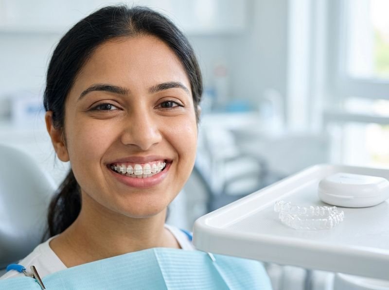 A patient with clear aligner trays on the table beside the chair