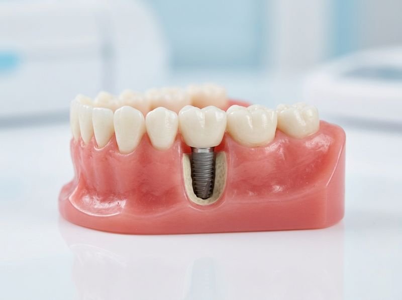 A model of a dental implant placed in the jaw beneath a crown