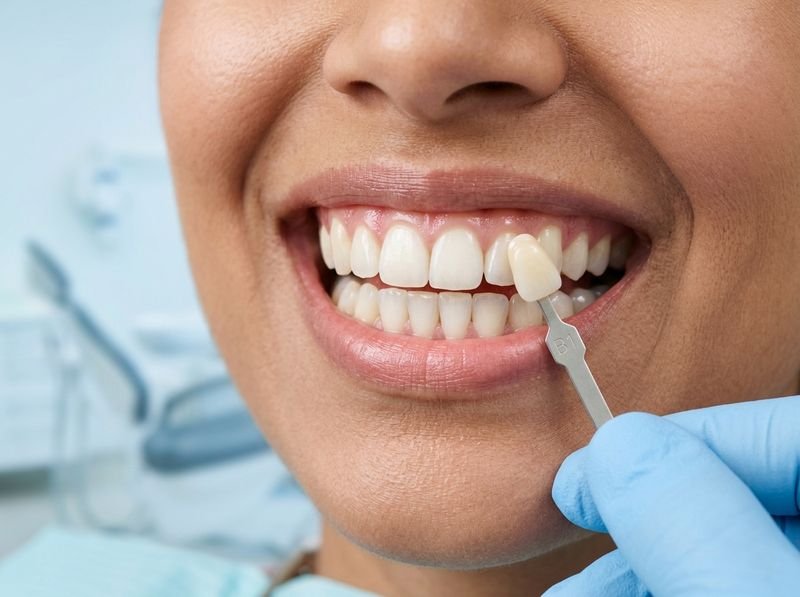 A dental shade guide held against a patient's teeth during whitening