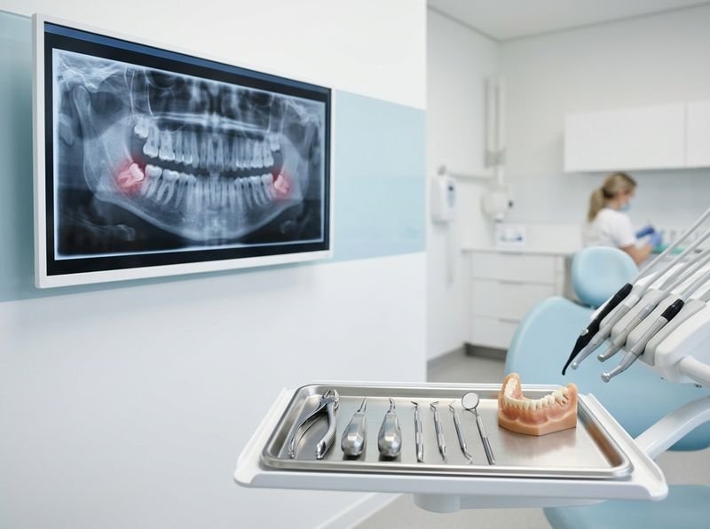 A panoramic dental X-ray and sterile instruments prepared for an extraction